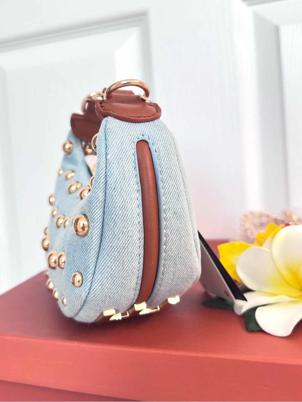LE MIEL ~ Light Wash Denim Gold Studded Mini Bag w/Crossbody Chain Vegan PU - Picture 4 of 11